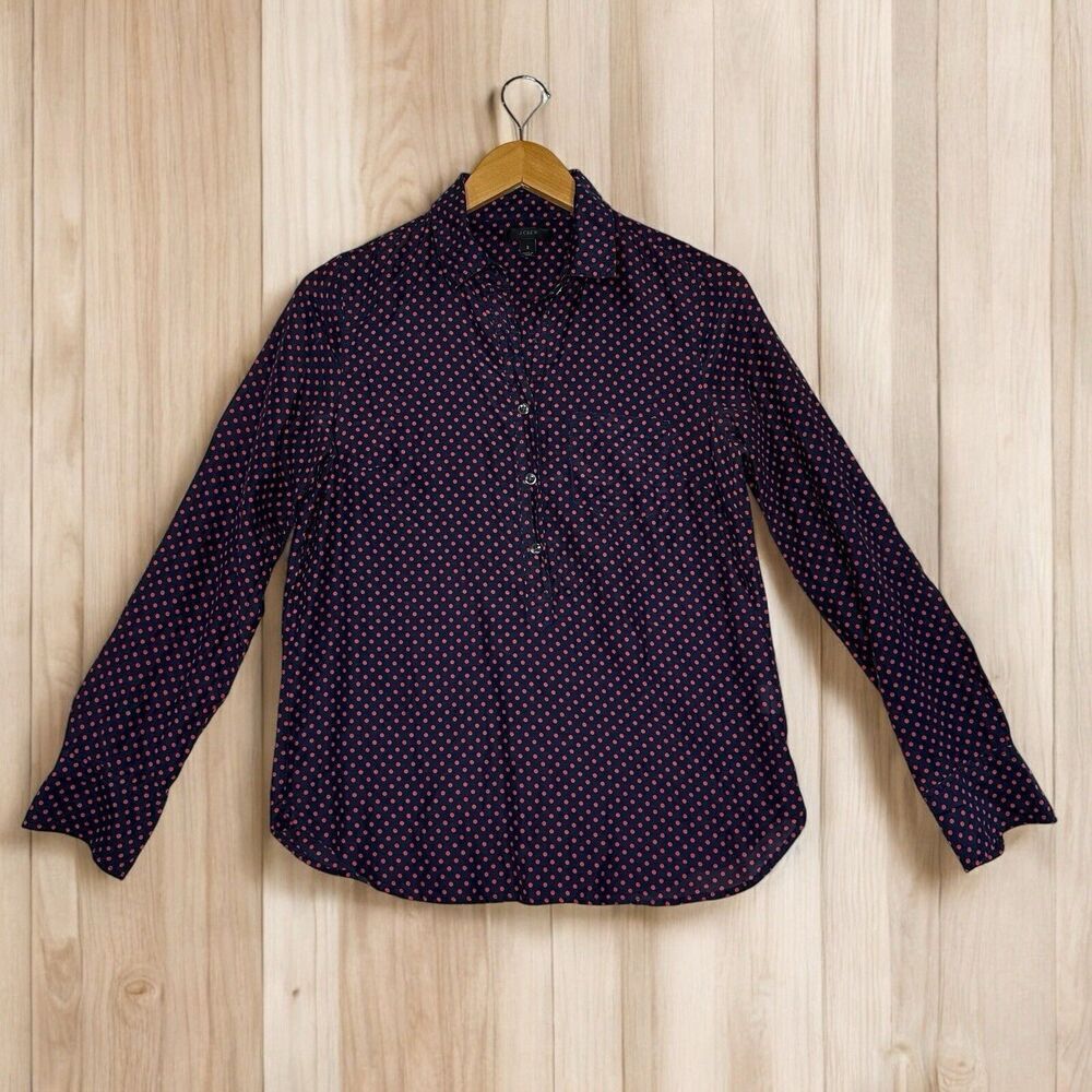 Women’s J.‎ Crew Silk Blend Navy Red Salmon Popover Button Perfect Shirt Size 2